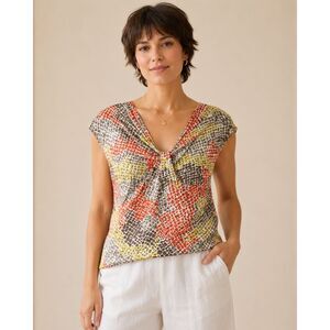 WORTH 100% Silk Abstract Print Draped V Neck Cap Sleeve Blouse Top M #V